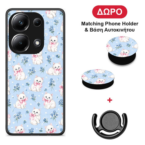 White Kittens and Blue Flowers Small - Xiaomi Poco M6 Pro θήκη + Δώρο Phone Holder & Βάση Αυτοκινήτου