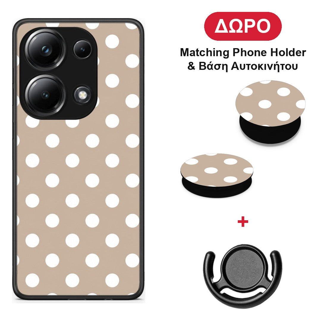 White Polka Dots on Taupe - Xiaomi Poco M6 Pro θήκη + Δώρο Phone Holder & Βάση Αυτοκινήτου
