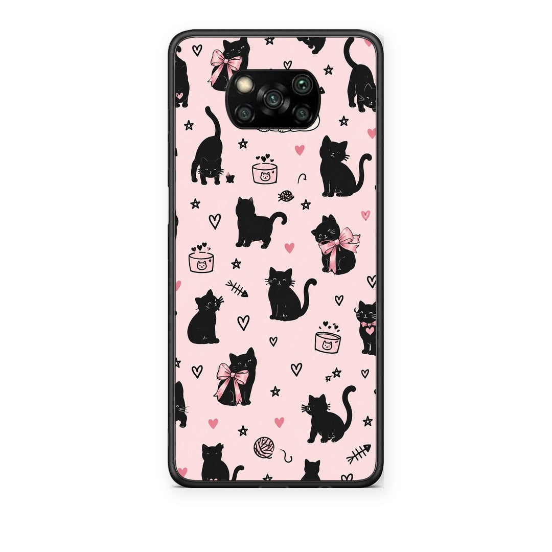 Θήκη Xiaomi Poco X3 / X3 Pro / X3 NFC Black Cat Doodles on Pink από τη Smartfits με σχέδιο στο πίσω μέρος και μαύρο περίβλημα | Xiaomi Poco X3 / X3 Pro / X3 NFC Black Cat Doodles on Pink case with colorful back and black bezels