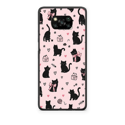 Θήκη Xiaomi Poco X3 / X3 Pro / X3 NFC Black Cat Doodles on Pink από τη Smartfits με σχέδιο στο πίσω μέρος και μαύρο περίβλημα | Xiaomi Poco X3 / X3 Pro / X3 NFC Black Cat Doodles on Pink case with colorful back and black bezels