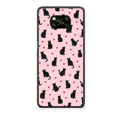 Θήκη Xiaomi Poco X3 / X3 Pro / X3 NFC Black Cat Silhouettes and Hearts on Pink από τη Smartfits με σχέδιο στο πίσω μέρος και μαύρο περίβλημα | Xiaomi Poco X3 / X3 Pro / X3 NFC Black Cat Silhouettes and Hearts on Pink case with colorful back and black bezels