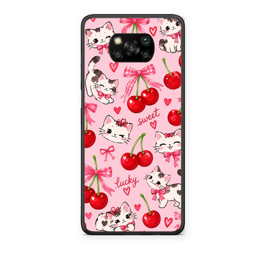 Θήκη Xiaomi Poco X3 / X3 Pro / X3 NFC Cherries Bows and Kittens on Pink από τη Smartfits με σχέδιο στο πίσω μέρος και μαύρο περίβλημα | Xiaomi Poco X3 / X3 Pro / X3 NFC Cherries Bows and Kittens on Pink case with colorful back and black bezels