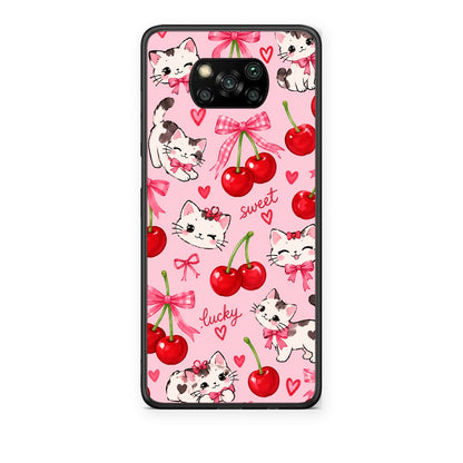 Θήκη Xiaomi Poco X3 / X3 Pro / X3 NFC Cherries Bows and Kittens on Pink από τη Smartfits με σχέδιο στο πίσω μέρος και μαύρο περίβλημα | Xiaomi Poco X3 / X3 Pro / X3 NFC Cherries Bows and Kittens on Pink case with colorful back and black bezels
