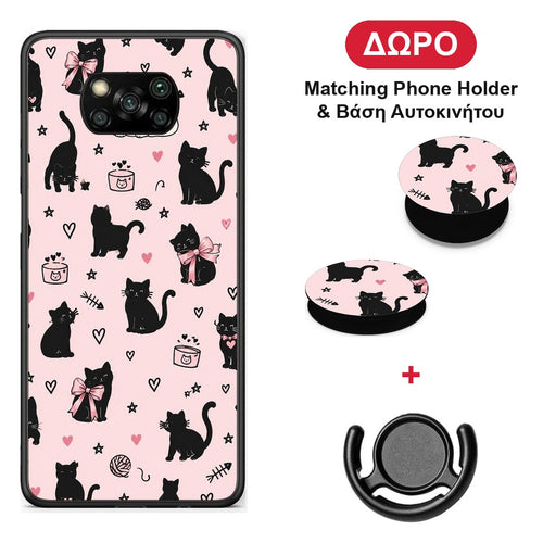 Black Cat Doodles on Pink - Xiaomi Poco X3 / X3 Pro / X3 NFC θήκη + Δώρο Phone Holder & Βάση Αυτοκινήτου
