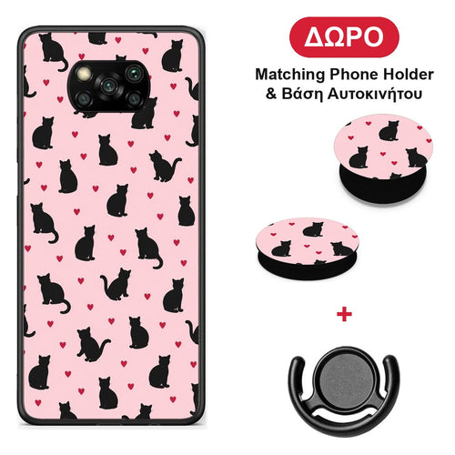 Black Cat Silhouettes and Hearts on Pink - Xiaomi Poco X3 / X3 Pro / X3 NFC θήκη + Δώρο Phone Holder & Βάση Αυτοκινήτου
