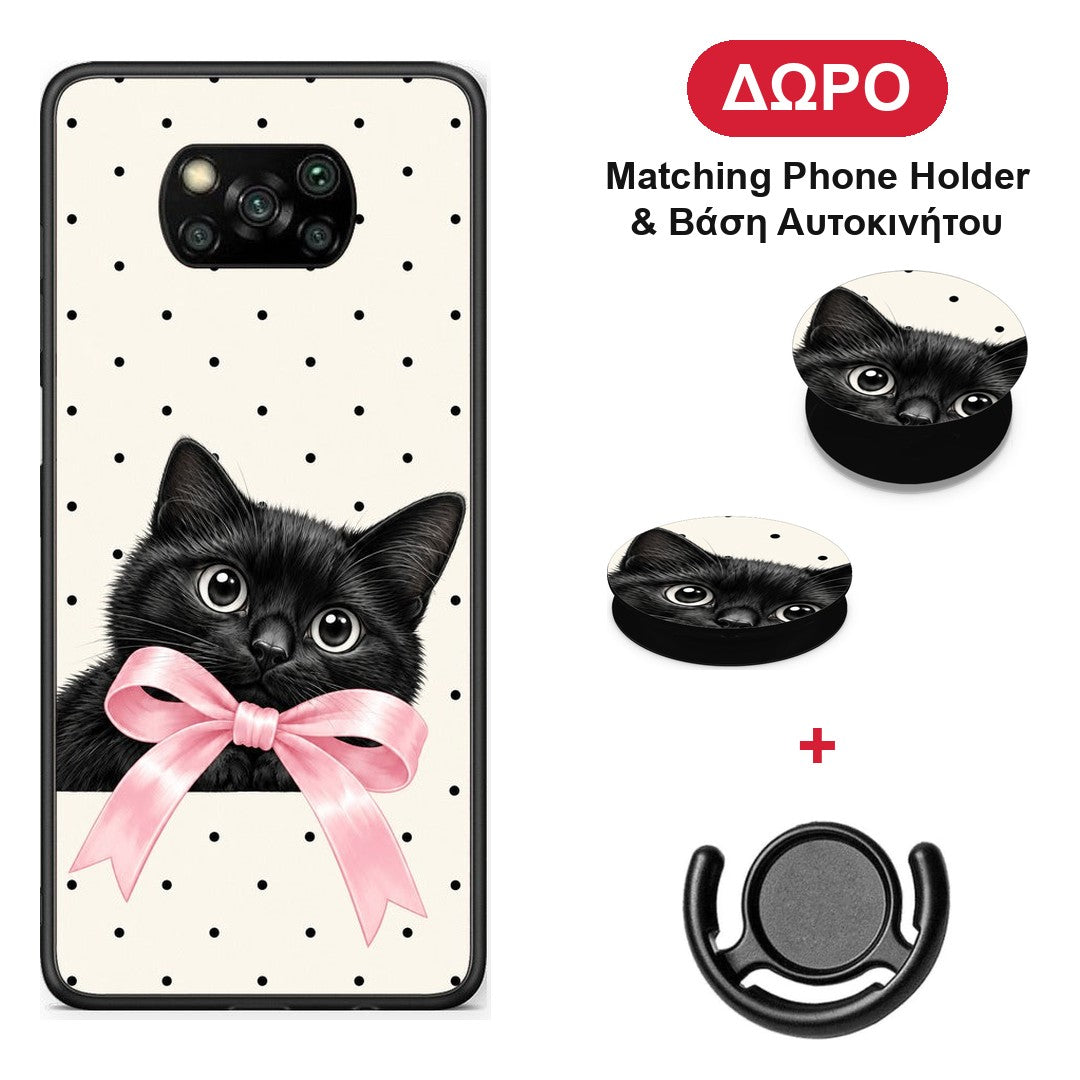 Black Kitten Pink Bow and Polka Dots - Xiaomi Poco X3 / X3 Pro / X3 NFC θήκη + Δώρο Phone Holder & Βάση Αυτοκινήτου
