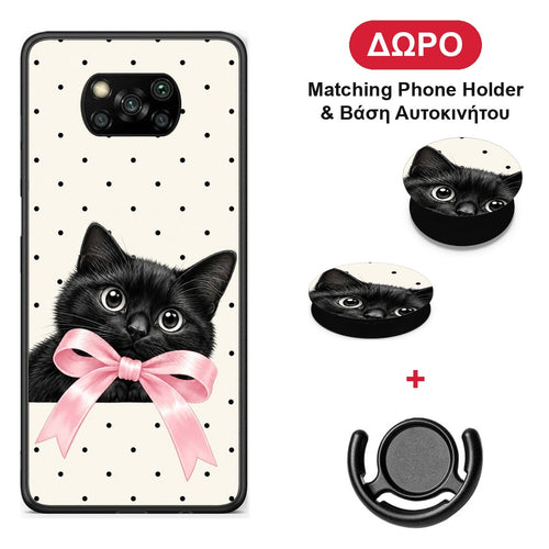 Black Kitten Pink Bow and Polka Dots - Xiaomi Poco X3 / X3 Pro / X3 NFC θήκη + Δώρο Phone Holder & Βάση Αυτοκινήτου