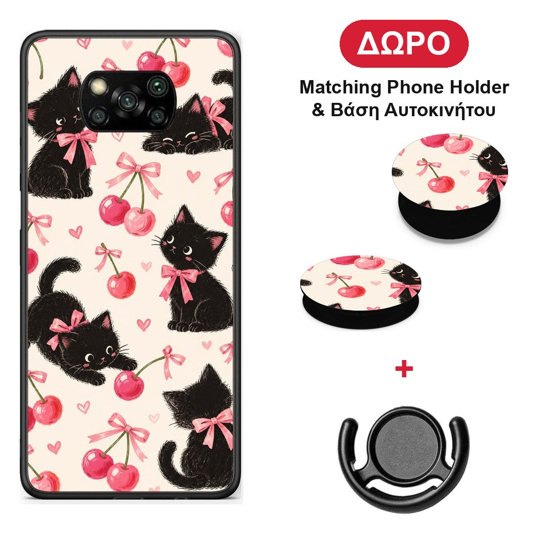 Black Kittens and Cherries on Cream - Xiaomi Poco X3 / X3 Pro / X3 NFC θήκη + Δώρο Phone Holder & Βάση Αυτοκινήτου