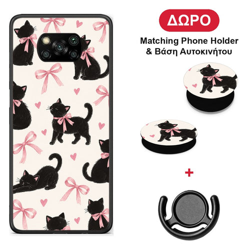 Black Kittens and Pink Bows on Cream Large - Xiaomi Poco X3 / X3 Pro / X3 NFC θήκη + Δώρο Phone Holder & Βάση Αυτοκινήτου