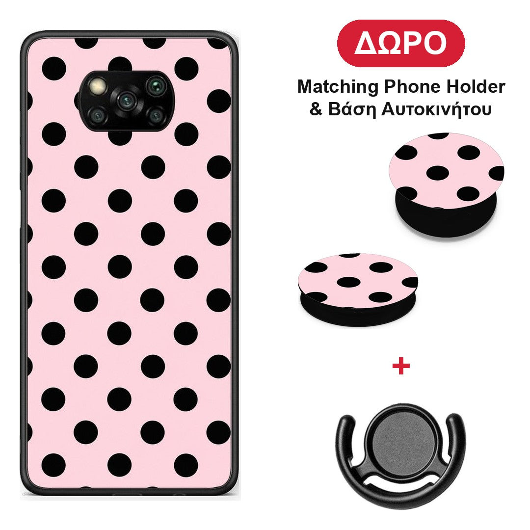 Black Polka Dots on Pink - Xiaomi Poco X3 / X3 Pro / X3 NFC θήκη + Δώρο Phone Holder & Βάση Αυτοκινήτου