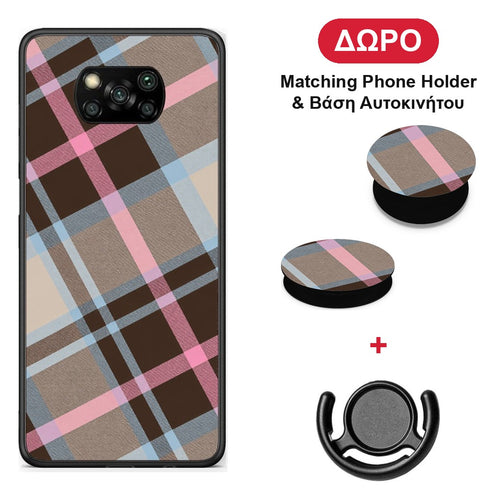 Brown Pink and Blue Diagonal Plaid - Xiaomi Poco X3 / X3 Pro / X3 NFC θήκη + Δώρο Phone Holder & Βάση Αυτοκινήτου