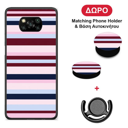 Burgundy Pink and Blue Horizontal Stripes - Xiaomi Poco X3 / X3 Pro / X3 NFC θήκη + Δώρο Phone Holder & Βάση Αυτοκινήτου