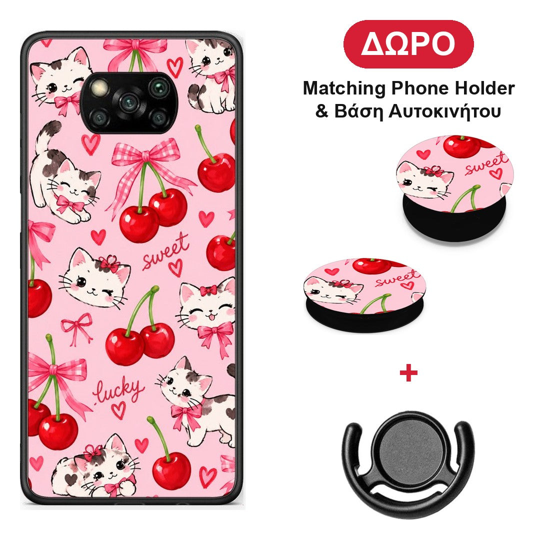 Cherries Bows and Kittens on Pink - Xiaomi Poco X3 / X3 Pro / X3 NFC θήκη + Δώρο Phone Holder & Βάση Αυτοκινήτου