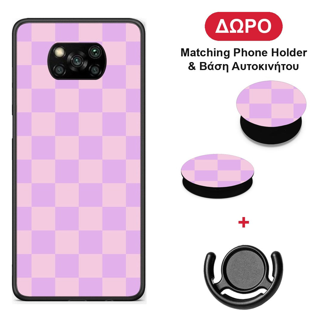 Lavender and Pink Checkerboard - Xiaomi Poco X3 / X3 Pro / X3 NFC θήκη + Δώρο Phone Holder & Βάση Αυτοκινήτου