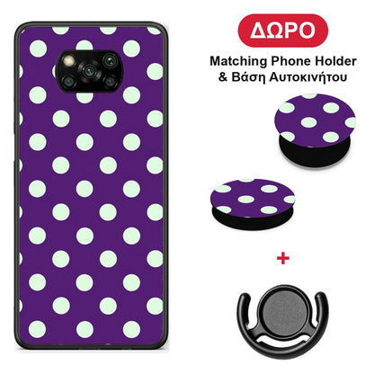 Mint Polka Dots on Purple - Xiaomi Poco X3 / X3 Pro / X3 NFC θήκη + Δώρο Phone Holder & Βάση Αυτοκινήτου