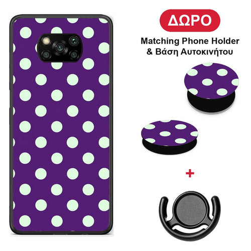 Mint Polka Dots on Purple - Xiaomi Poco X3 / X3 Pro / X3 NFC θήκη + Δώρο Phone Holder & Βάση Αυτοκινήτου