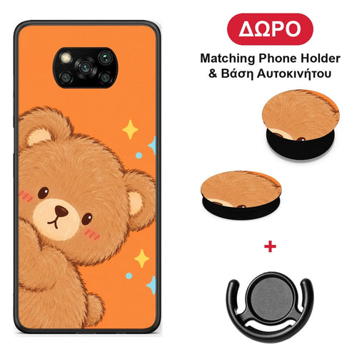 Peekaboo Teddy on Orange - Xiaomi Poco X3 / X3 Pro / X3 NFC θήκη + Δώρο Phone Holder & Βάση Αυτοκινήτου