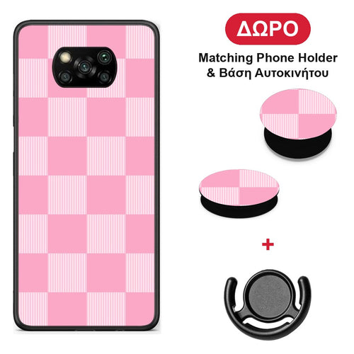 Pink and White Striped Checks - Xiaomi Poco X3 / X3 Pro / X3 NFC θήκη + Δώρο Phone Holder & Βάση Αυτοκινήτου