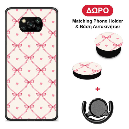 Pink Bow Lattice and Hearts on Cream - Xiaomi Poco X3 / X3 Pro / X3 NFC θήκη + Δώρο Phone Holder & Βάση Αυτοκινήτου