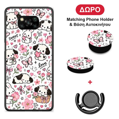 Pink Florals Puppies and Bunnies on White - Xiaomi Poco X3 / X3 Pro / X3 NFC θήκη + Δώρο Phone Holder & Βάση Αυτοκινήτου