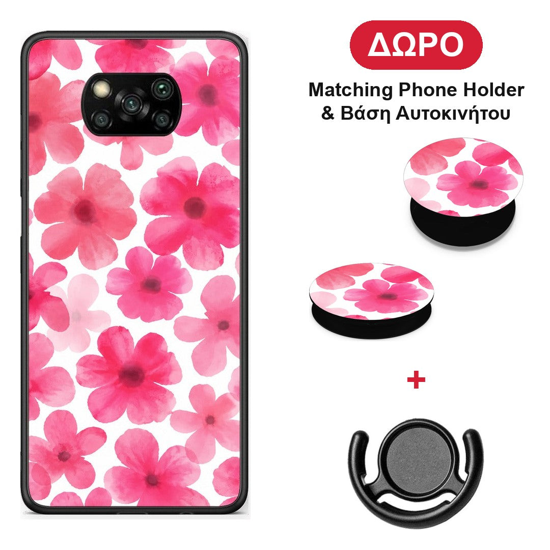 Pink Watercolour Flowers on White - Xiaomi Poco X3 / X3 Pro / X3 NFC θήκη + Δώρο Phone Holder & Βάση Αυτοκινήτου