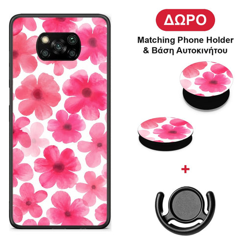 Pink Watercolour Flowers on White - Xiaomi Poco X3 / X3 Pro / X3 NFC θήκη + Δώρο Phone Holder & Βάση Αυτοκινήτου