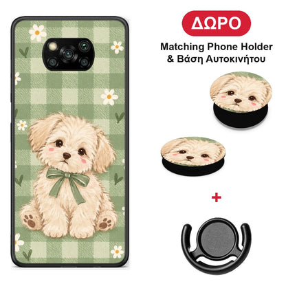 Puppy and Daisies on Sage Gingham - Xiaomi Poco X3 / X3 Pro / X3 NFC θήκη + Δώρο Phone Holder & Βάση Αυτοκινήτου
