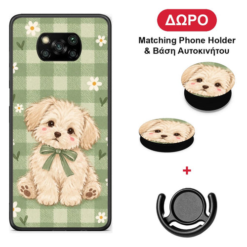 Puppy and Daisies on Sage Gingham - Xiaomi Poco X3 / X3 Pro / X3 NFC θήκη + Δώρο Phone Holder & Βάση Αυτοκινήτου