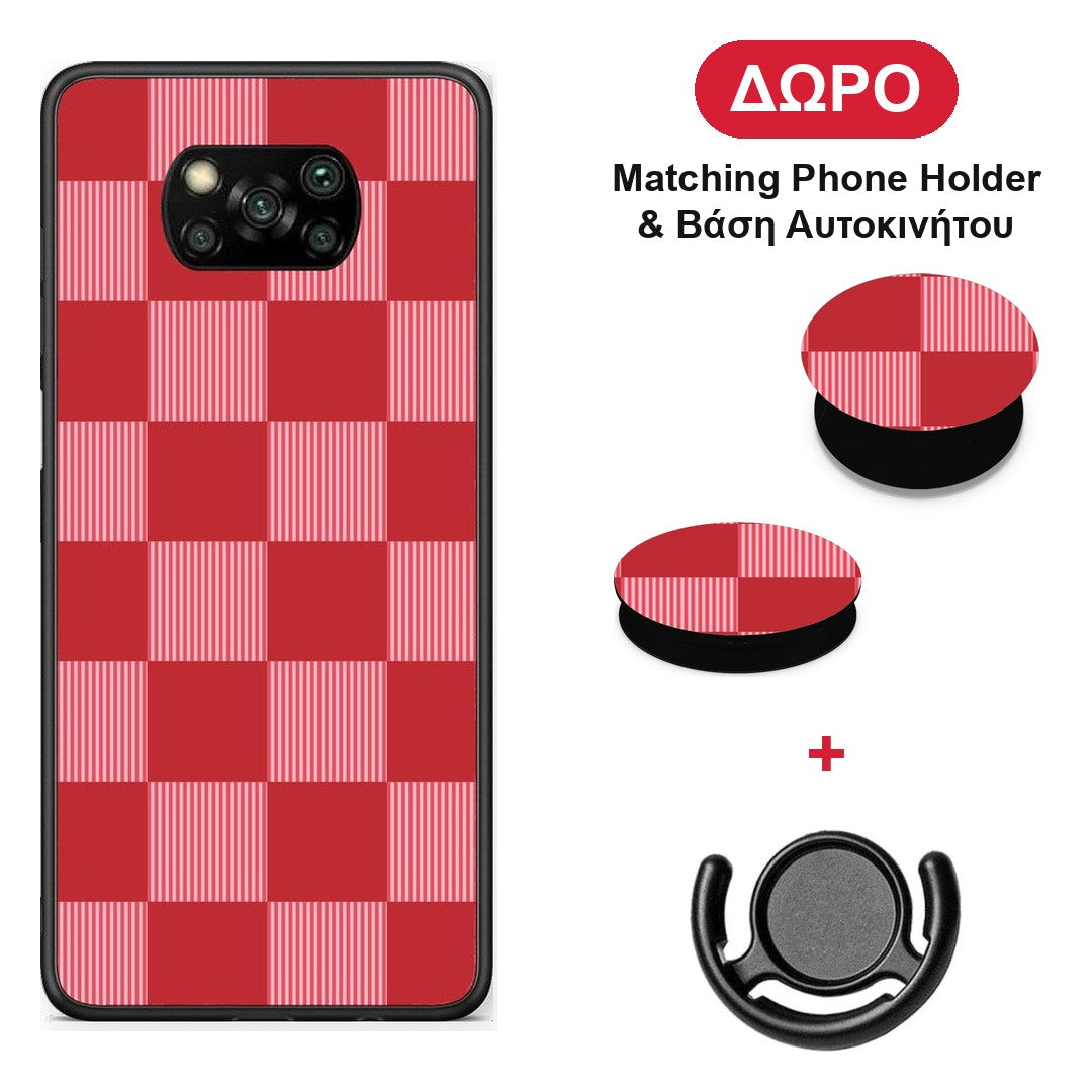 Red and Pink Striped Checks - Xiaomi Poco X3 / X3 Pro / X3 NFC θήκη + Δώρο Phone Holder & Βάση Αυτοκινήτου