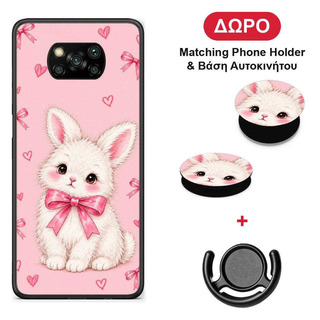 White Bunny and Pink Bows - Xiaomi Poco X3 / X3 Pro / X3 NFC θήκη + Δώρο Phone Holder & Βάση Αυτοκινήτου