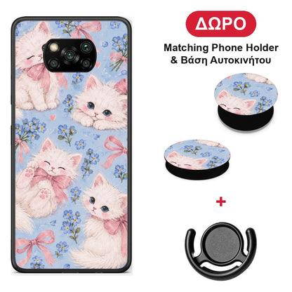 White Kittens and Blue Flowers Large - Xiaomi Poco X3 / X3 Pro / X3 NFC θήκη + Δώρο Phone Holder & Βάση Αυτοκινήτου