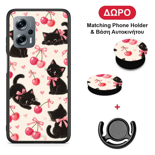 Black Kittens and Cherries on Cream - Xiaomi Poco X4 GT θήκη + Δώρο Phone Holder & Βάση Αυτοκινήτου