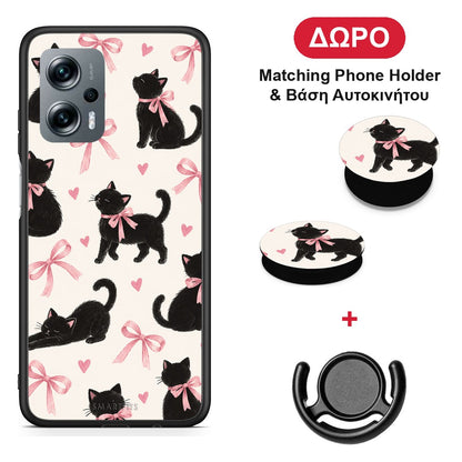 Black Kittens and Pink Bows on Cream Large - Xiaomi Poco X4 GT θήκη + Δώρο Phone Holder & Βάση Αυτοκινήτου