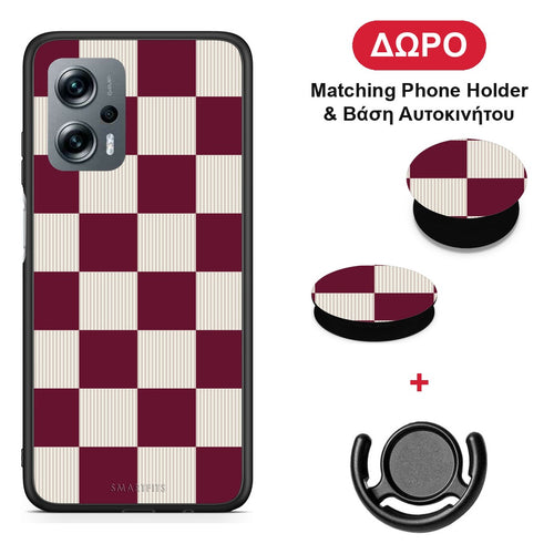 Burgundy and Cream Striped Checks - Xiaomi Poco X4 GT θήκη + Δώρο Phone Holder & Βάση Αυτοκινήτου