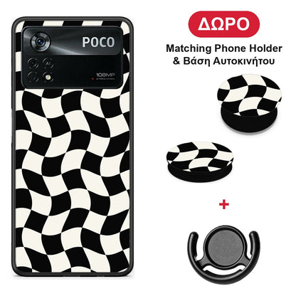 Black and Cream Wavy Checkerboard - Xiaomi Poco X4 Pro 5G θήκη + Δώρο Phone Holder & Βάση Αυτοκινήτου