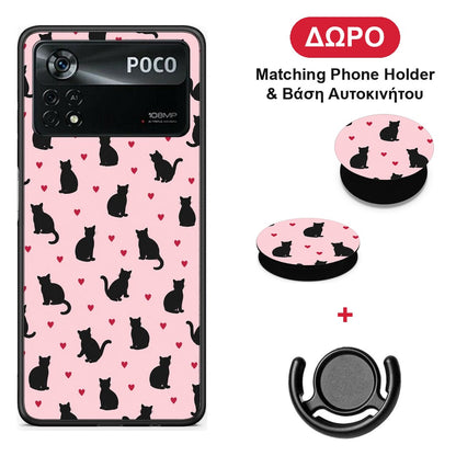 Black Cat Silhouettes and Hearts on Pink - Xiaomi Poco X4 Pro 5G θήκη + Δώρο Phone Holder & Βάση Αυτοκινήτου