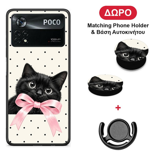 Black Kitten Pink Bow and Polka Dots - Xiaomi Poco X4 Pro 5G θήκη + Δώρο Phone Holder & Βάση Αυτοκινήτου