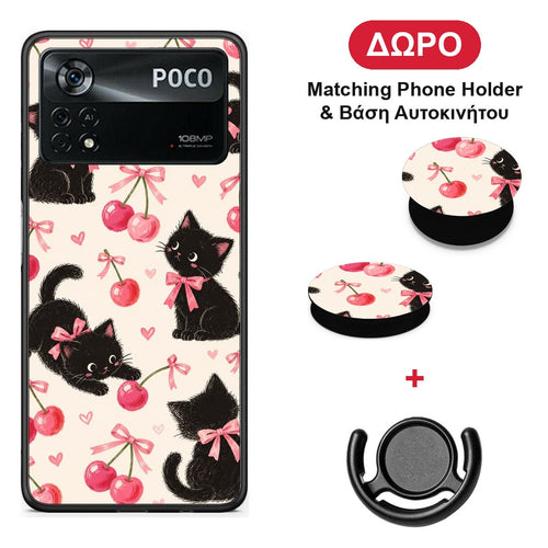Black Kittens and Cherries on Cream - Xiaomi Poco X4 Pro 5G θήκη + Δώρο Phone Holder & Βάση Αυτοκινήτου