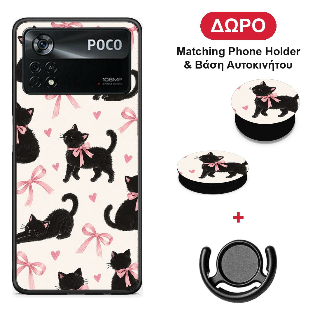 Black Kittens and Pink Bows on Cream Large - Xiaomi Poco X4 Pro 5G θήκη + Δώρο Phone Holder & Βάση Αυτοκινήτου