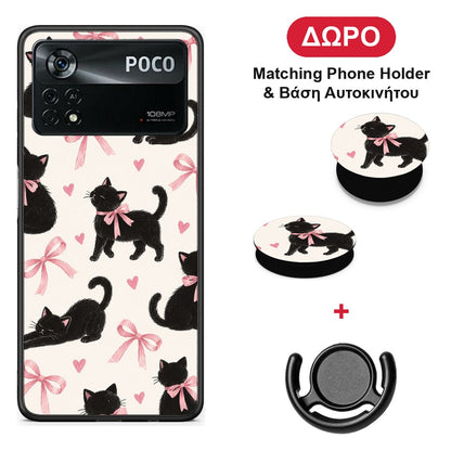 Black Kittens and Pink Bows on Cream Large - Xiaomi Poco X4 Pro 5G θήκη + Δώρο Phone Holder & Βάση Αυτοκινήτου