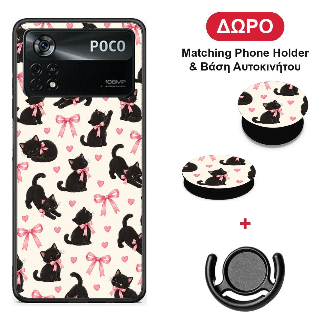 Black Kittens and Pink Bows on Cream Small - Xiaomi Poco X4 Pro 5G θήκη + Δώρο Phone Holder & Βάση Αυτοκινήτου