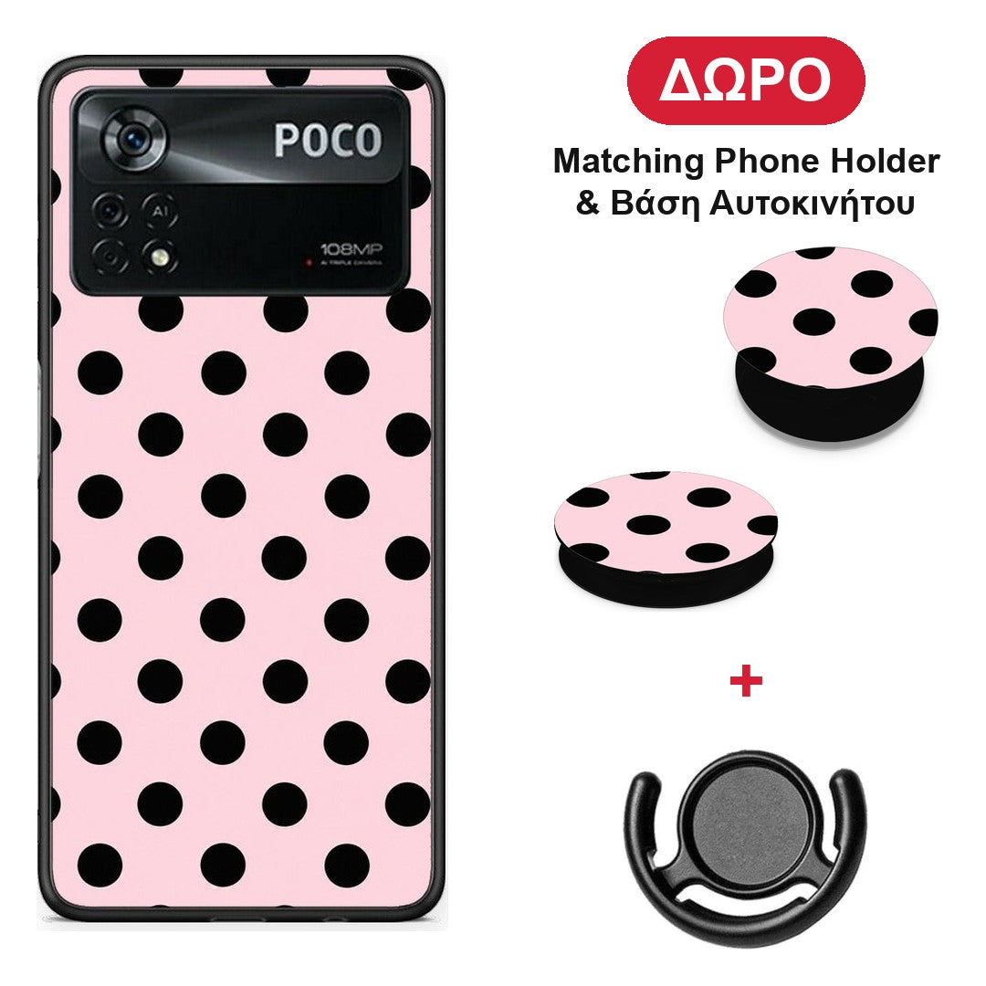 Black Polka Dots on Pink - Xiaomi Poco X4 Pro 5G θήκη + Δώρο Phone Holder & Βάση Αυτοκινήτου