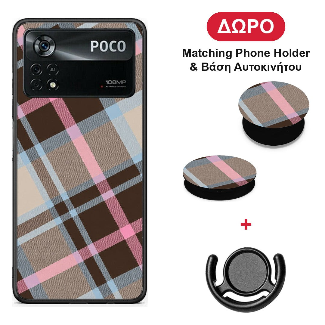 Brown Pink and Blue Diagonal Plaid - Xiaomi Poco X4 Pro 5G θήκη + Δώρο Phone Holder & Βάση Αυτοκινήτου