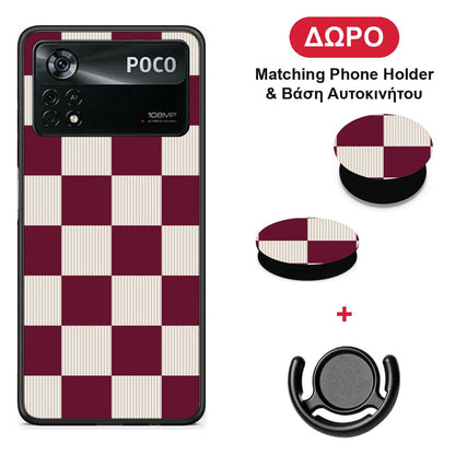 Burgundy and Cream Striped Checks - Xiaomi Poco X4 Pro 5G θήκη + Δώρο Phone Holder & Βάση Αυτοκινήτου