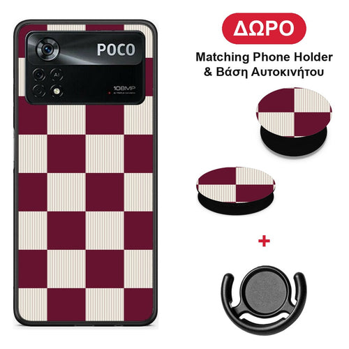 Burgundy and Cream Striped Checks - Xiaomi Poco X4 Pro 5G θήκη + Δώρο Phone Holder & Βάση Αυτοκινήτου