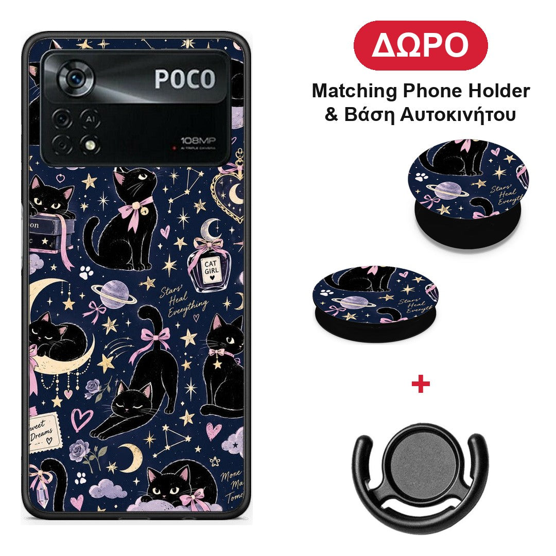 Celestial Black Cats on Navy - Xiaomi Poco X4 Pro 5G θήκη + Δώρο Phone Holder & Βάση Αυτοκινήτου