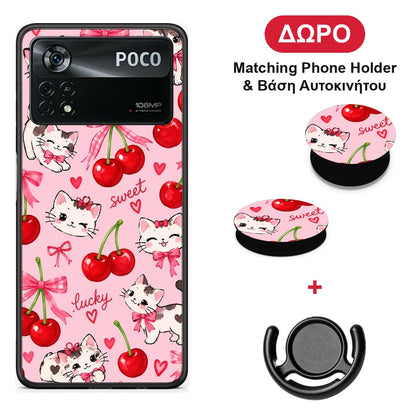 Cherries Bows and Kittens on Pink - Xiaomi Poco X4 Pro 5G θήκη + Δώρο Phone Holder & Βάση Αυτοκινήτου