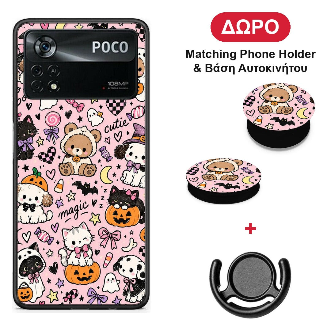 Halloween Cute Animals on Pink - Xiaomi Poco X4 Pro 5G θήκη + Δώρο Phone Holder & Βάση Αυτοκινήτου