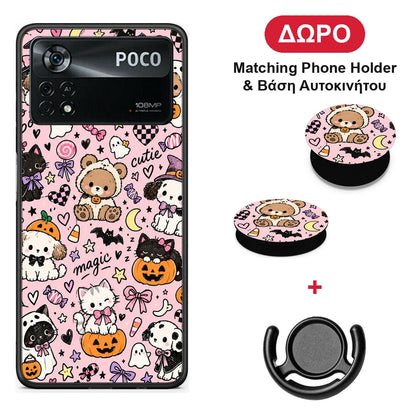 Halloween Cute Animals on Pink - Xiaomi Poco X4 Pro 5G θήκη + Δώρο Phone Holder & Βάση Αυτοκινήτου