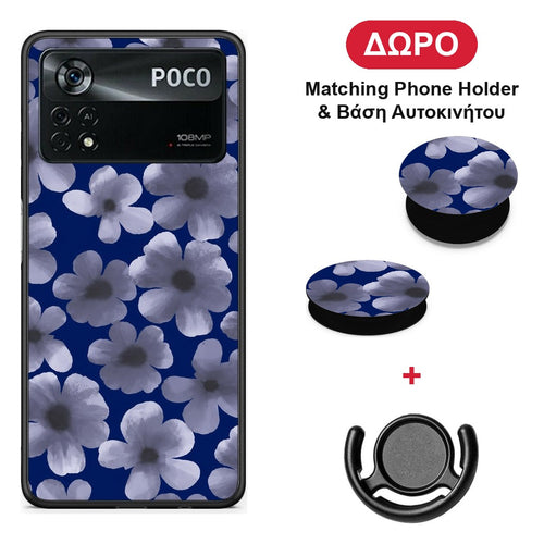 Pale Blue Flowers on Navy - Xiaomi Poco X4 Pro 5G θήκη + Δώρο Phone Holder & Βάση Αυτοκινήτου